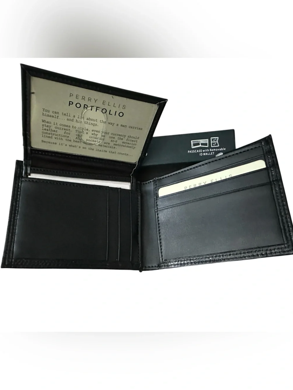 Perry Ellis Portfolio Men's Black Leather Passcase Wallet Removable ID Wallet
